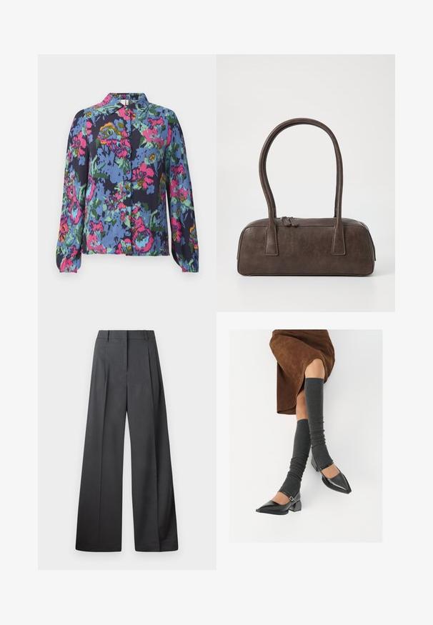 Blouse florale bleue, ornée de motifs vibrants en rose, vert et jaune. Manches longues et devant boutonné avec un col. Texture en tissu douce.; Pantalons à jambes larges en tissu gris foncé, avec une taille haute, des plis simples et une texture lisse avec une finition soignée aux ourlets.; Chaussures à bout pointu en cuir verni noir avec un talon bloc et une bride à la cheville, accompagnées de jambières en maille grise et d'une jupe en daim marron.; Sac à main en cuir marron avec deux poignées robustes, de forme rectangulaire, texture lisse et fermeture zippée. Design minimaliste sans motifs visibles.