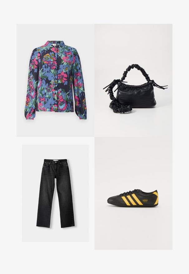 Blomstret bluse i blå, med livlige pink, grønne og gule mønstre. Lange ærmer og knaplukning foran med krave. Blødt stof.; Bershka Jeans Straight Leg - mottled dark grey; Sort lædersportssko med gult tre-stribe design, rund tå, sorte snørebånd og lille logo på siden. Lavprofil silhuet.; Sort kunstlæder håndtaske med krokodilteksur, indsnøret top og en sammenkrøben rem. Ser blød og kompakt ud i designet.