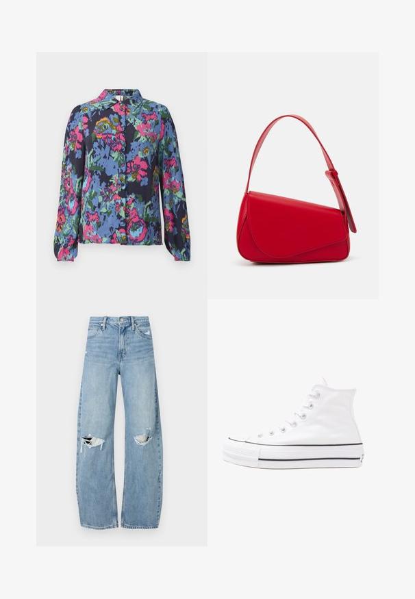 Cvetna bluzica v modri barvi, ki se ponaša z živahnimi roza, zelenimi in rumenimi vzorci. Dolgi rokavi in gumb na sprednji strani s kragnico. Mehak tkaninski vzorec.; Svijetloplave traperice visoki struk. Imaju široke nogavice, dva poderana područja na koljenima i klasičan petotoksi stil.; Beli visoki platneni športni čevelj z črnim gumijastim podplatom, sprednjim gumijastim zaščitnikom za prste in šestimi luknjicami za vezalke, ki se ponaša s preprostim, minimalističnim dizajnom.; Rdeča usnjena torba z angularnim, geometrijskim dizajnom. Ima en samostoječ nastavljiv ročaj in pokrov, zaprt z zapiranjem, ki je okrašen s šivi.