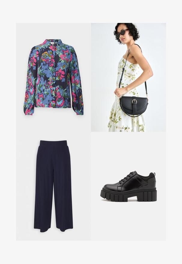 Žydra gėlėta palaidinė, puikuojanti ryškiai rožiniais, žaliais ir geltonais raštais. Ilgos rankovės ir priekyje mygtukais užsegama, su apykakle. Minkšta audinio tekstūra.; Plati kojinės tamsiai mėlynos spalvos audiniu su vagelėmis. Turi lygų juosmenį ir laisvą siluetą, kuris siekia iki pusės blauzdos.; Juodi odiniai platformos batai su masyviu blokuota kulniuku, apvalia nosimi ir tradiciniu šnypštimo dizainu. Turintys glotnų paviršių ir minimalų dekoravimą.; Juodas odinis krepšys su išlenkta forma, nuimamu dirželiu ir auksiniais detalėmis. Krepšys turi kilpą su sagtimi.