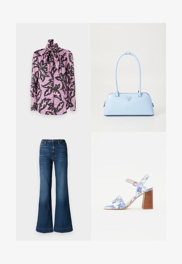 Rosa blus med ett svart blommönster och prickiga detaljer, hög hals och en stor rosett vid kragen. Långa ärmar.; 7 for all mankind MODERN DOJO REBEL - Wide leg - dark blue; Blå blommönstrad sandalett med fyrkantig tå, bred rem och justerbar vristrem, med en texturerad träklack.; Ljusblå handväska med en strukturerad form, slät lädermaterial, två handtag och en triangulär logotyp framtill. Dragkedjestängning.