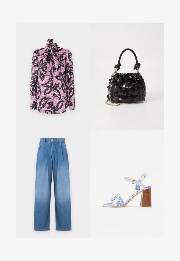 Rozā blūze ar melnu ziedu rakstu un svītrotiem akcentiem, augsts kakls un liela mēsla detaļa kaklā. Garas piedurknes.; Gaiši zili denim bikses ar augstu jostasvietu, brīvu plašu piegriezumu un priekšējo krokām. Iekļauj poga un rāvējslēdzēju.; Zili ziedu raksta sandales ar kvadrātu purngalu, platu siksnu un regulējamu potītes siksnu, kurām ir struktūrēts koka bloks papēdis.; Melna spīguļota mini rokas soma ar mezglotu teksturētu siksniņu un sudraba ķēdi. Apaļa forma ar sakopotām malām un atstarojumu detaļām.