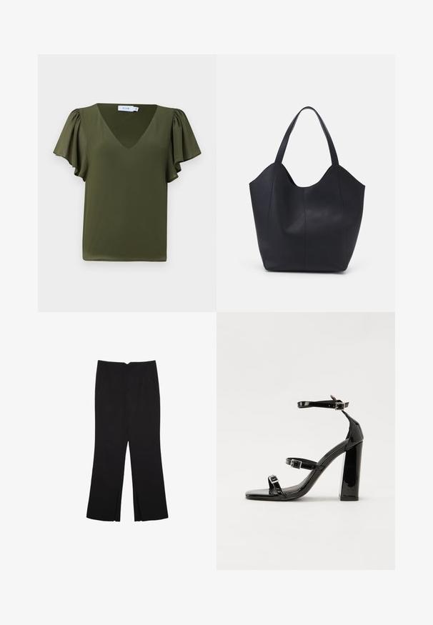 Olivgrünes Kurzarmshirt mit V-Ausschnitt, ausgestattet mit weichen, gerafften Ärmeln und einem glatten, leichten Stoff. Keine sichtbaren Muster oder Akzente.; Schwarze Hose mit geradem Schnitt, ausgestattet mit Fronttaschen und Seitenschlitzen am Saum. Hergestellt aus weichem, glattem Stoff. Geeignet für verschiedene Anlässe.; Schwarze patentierte Sandalen mit Absatz, quadratischer Spitze, Knöchelriemen und silbernen Schnallen. Mit einem stabilen Blockabsatz für mehr Stabilität.; Schwarze Tote-Bag aus glattem Leder, mit einem abgerundeten, offenen Oberteil, zwei Schulterträgern und einem minimalistischen Design.