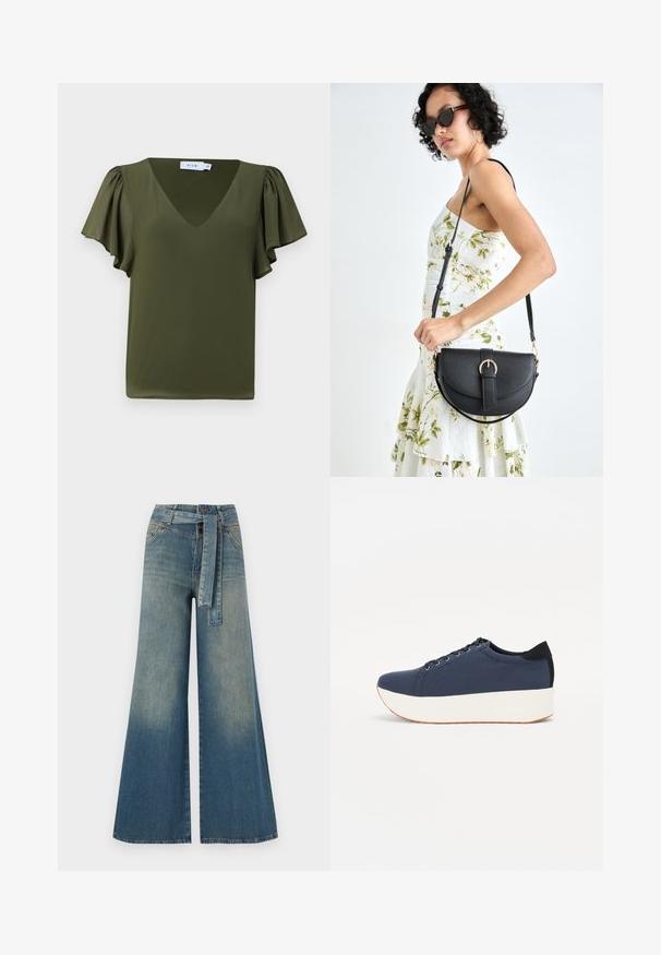 Olíva zöld, rövid ujjú top V-nyakkal, puha, ráncolt ujjakkal és sima, könnyű anyagból készült. Nincsenek látható minták vagy díszítések.; Bőszárú farmernadrág, világos és sötétkék árnyalatokkal, magas derekú, övgyűrűkkel és a nadrággal megegyező anyagú övvel. Textúrált farmer kivitel.; Sötétkék sportcipő, texturált szövet felsőrész, fehér platform talp, lekerekített orr és fekete sarok akcentussal. Hat fűzőlyuk található rajta.; Fekete bőrtáska ívelt formával, levehető pánttal és arany színű fémrészekkel. A táskán egy csattal díszített fedél található.