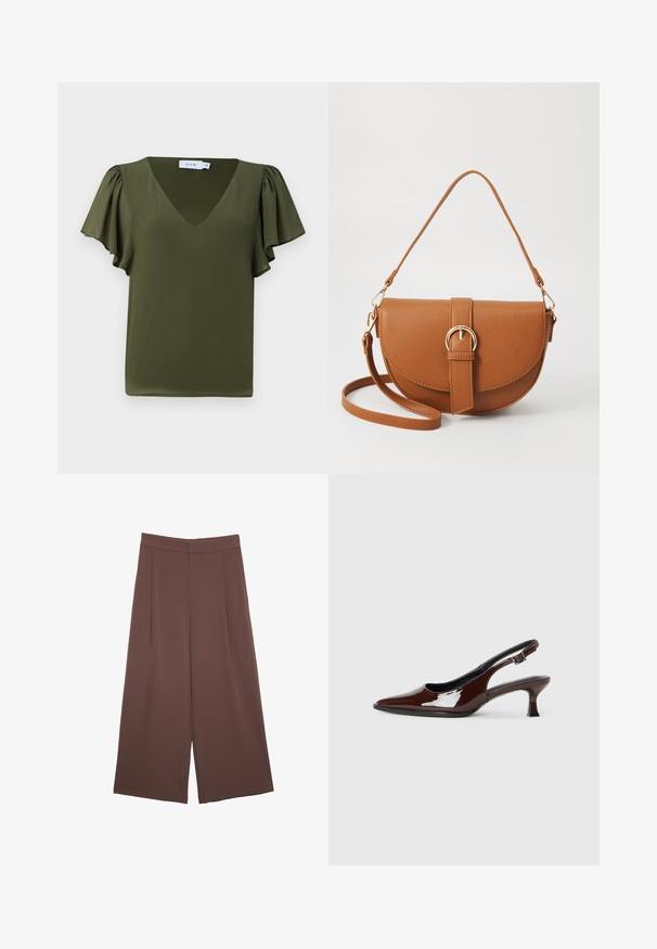 Maglietta corta verde oliva con scollo a V, caratterizzata da maniche morbide e arricciate e un tessuto leggero e liscio. Nessun motivo o dettaglio visibile.; Pantaloni ampi marroni con una texture liscia, caratterizzati da una vita alta e pieghe frontali. Il tessuto è leggero e scorre liberamente.; Scarpa slingback in pelle verniciata marrone con punta affusolata e tacco moderato. Presenta una fascia con fibbia per una calzata sicura. Tessuto liscio.; Borsa a tracolla in pelle marrone con forma curvata, hardware dorato e un dettaglio con fibbia. Presenta una tracolla rimovibile.
