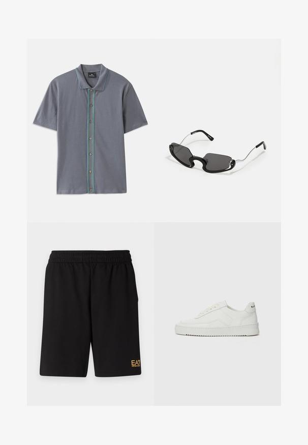 Gray short-sleeve polo shirt with a contrasting blue and green stripe along the button placket and five brown buttons. Soft fabric texture.; Black athletic shorts made of soft fabric,Featuring an elastic waistband and a small yellow EA7 logo on the lower left leg.; White leather sneaker with a smooth finish, round toe, flat laces, and a textured sole. Features a subtle logo on the heel.; Black sunglasses with a unique shield shape, featuring dark lenses and thin silver metal arms. The frames have rounded accents and a bold design.