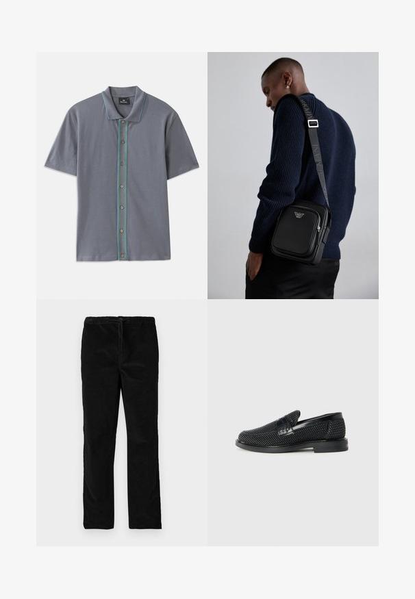 Pelēks īsām piedurknēm polo krekls ar kontrastējošu zilu un zaļu svītru gar pogu slēdzeni un piecām brūnām pogām. Mīksta auduma tekstūra.; Melnas taisnas kājas samta bikses ar elastīgu jostasvietu un priekšējo auklu, attēlotas uz vienkārša balta fona.; Melnas austas slaidu kurpes ar gludu ādas akcentu augšpusē, apaļas formas purngalu un zemas profila gumijas zoli.; Melnas ādas plecu soma ar rāvējslēdzēja nodalījumu, logotipa detaļām un markētu regulējamu siksnu. Valkāta kopā ar teksturētu tumši zilu džemperi.