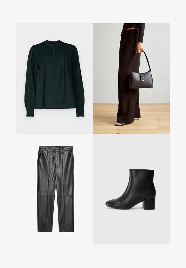 Sötétzöld blúz magas nyakkal, redőzött testrésszel és gombos elülső résszel. Hosszú ujjak ráncos csuklókkal és laza szabással. Puha, könnyű anyag.; Fekete bőrnadrág sima textúrával, egyenes szabással, két elülső zsebbel és látható varrás részletekkel.; Fekete bőr bokacsizma hegyes orral és vastag sarokkal. Sima felület minimális díszítéssel és karcsú, passzos kialakítással.; Fekete kézi táska strukturált formával, sima textúrával és fémből készült záródással. Széles fekete nadrággal és nyitott orrú szandállal párosítva, fából készült padlón.