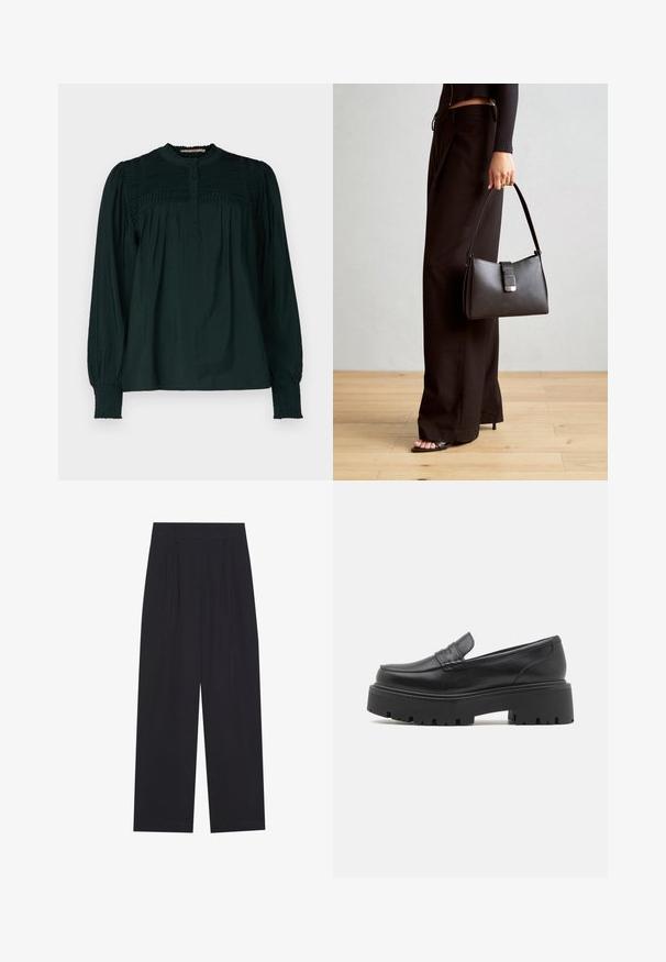 Mörkgrön blus med hög hals, plisserad bodice och knappstängning framtill. Långa ärmar med smockade manschetter och lös passform. Mjukt, lättviktigt tyg.; Svarta vida byxor i ett slätt material, med veck, en platt midjeband och utan synliga fickor eller dekorationer.; Svarta läderloafers med en låg, tjock gummisula, sömnad på ovandelen och en slät yta.; Svart handväska med strukturerad form, slät yta och metallspänne. Matchad med vida svarta byxor och sandaler med öppen tå på trägolv.