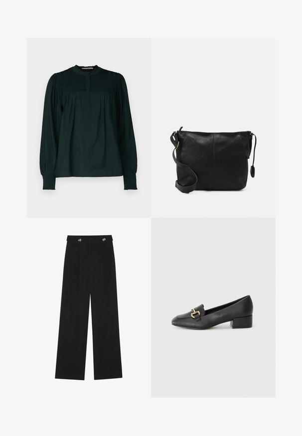 Sötétzöld blúz magas nyakkal, redőzött testrésszel és gombos elülső résszel. Hosszú ujjak ráncos csuklókkal és laza szabással. Puha, könnyű anyag.; Fekete, bő szárú nadrág magas derékkal, gombos részletekkel a derékrészen és elülső pliszékkal.; Fekete bőr loaferek lapos talppal, dekoratív arany hardware részlettel az elején és sima felülettel.; Fekete bőr keresztpántos táska lapos formával, arany fémrészekkel és állítható pánttal. Simább textúra minimális varrási részletekkel.