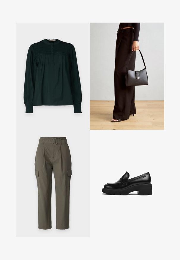Temno zelena bluzica s visokim ovratnikom, nabranim korpusom in gumbnim zapiranjem spredaj. Dolgi rokavi imajo nabrane manšete in ohlapen kroj. Mehka, lahka tkanina.; Cargo hlače v olivno zeleni barvi, izdelane iz lahkotnega materiala. Značilnosti vključujejo pas z obročkom, sprednje gube in stranske žepe s pokrovčki.; Črne usnjene molerke s debelim petom in širokim podplatom ter trakom čez zgornji del, prikazane s strani na beli podlagi.; Črna torbica z strukturirano obliko, gladko teksturo in kovinskim zaponko. Ujemajo se z širokimi črnimi hlačami in odprtimi sandali na lesenem tleh.