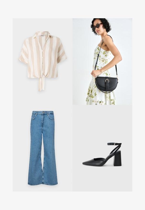 Beige and white striped short-sleeve shirt with a button-up front and a tied hem. Made from lightweight fabric suitable for warm weather.; Light blue flared jeans made of denim, featuring a high waist, five pockets, and a single button closure. Soft texture with faded finish.; Black leather pointy-toe pump with an ankle strap and a chunky heel. Flat texture, sleek design, and minimalistic aesthetics.; Black leather handbag with a curved shape, detachable strap, and gold hardware. The bag features a flap with a buckle detail.