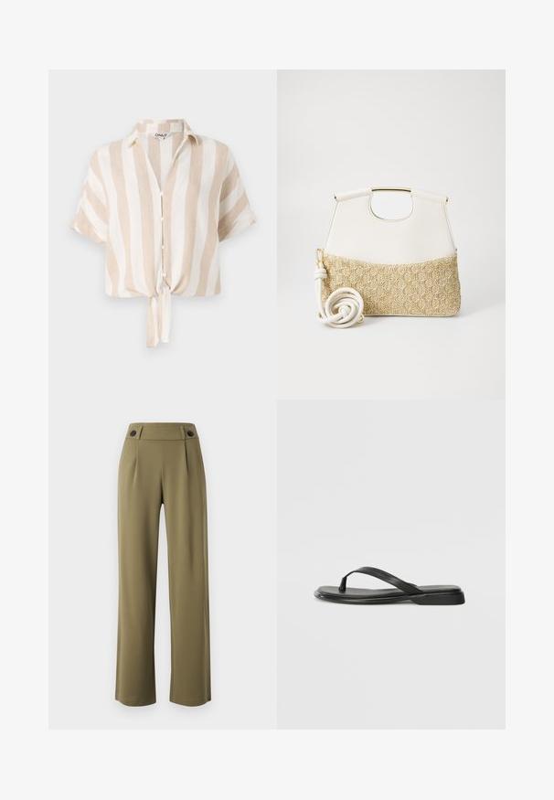 Bež ja valge triibuline lühikeste varrukatega särk, millel on nööpidega eesmine sulgus ja seotud allosa. Valmistatud kergest kangast, mis sobib soojade ilmadega.; Oliivrohelised, laiad püksid kõrge vöökohaga, milles on kaks musta nööpi vööl ja ees lõhikud. Sile kangatekstuur.; Musta sussumood, mis on valmistatud siledast nahast. Sellel on õhuke rihma disain ja lame tald minimaalsete joontega. Mingeid silmatorkavaid mustreid või aktsente ei ole.; Valge nahast käekott, mille alumine osa on tekstureeritud kreemjas kudumiga. Kott on varustatud kuldse käepidemega ja keerdus valge rihmaga, mis lisab mitmekesisust.