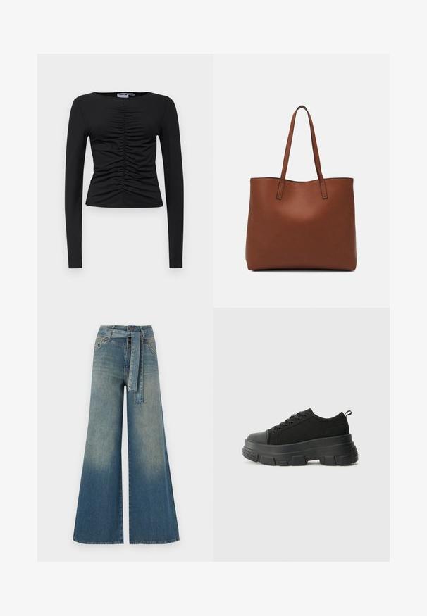 Must have musta pikkade varrukatega topp, mis on valmistatud venivast kangast, esiosa kokku volditud disainiga, ümmarguse kaelusega ja kehaümber oleva lõikega.; Laiad denimpüksid, millel on hele tume sinine gradiendiefekt, kõrge vöökoht, vöökumlid ja sobivast kangast vöö. Struktureeritud denimi viimistlus.; Mustad mustad mustikad, millel on tugev kummist põhi, tekstuuriga kangast pealis, ümar varvas ja seotud disain. Omab tugevdatud silmuseid ja tagumist tõmbeotsta.; Pruun nahast tote-kott, millel on sile tekstuur, avatud ülaosa disain ja kaks õlarihma. Omab minimaalset õmblust ja nähtavat riistvara ei ole.