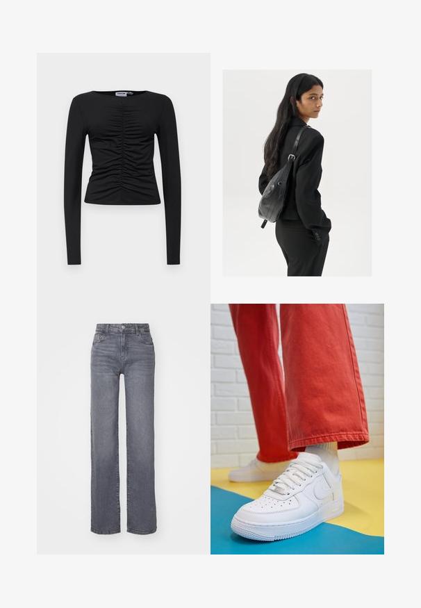 Top preto de manga longa feito de um tecido elástico, com um design franzido na frente, com decote redondo e forma justa.; Jeans largos cinzentos feitos de denim com uma textura suave, apresentando um fecho de botão e zipper, e cinco bolsos.; Sapatilha de couro branca com biqueira perfurada, sola texturizada e atacadores brancos, combinada com calças largas vermelhas e um fundo azul e amarelo.; Mulher com cabelo longo e escuro, vestindo um fato preto, carregando uma mala de ombro em pele preta, olhando por cima do ombro contra um fundo branco.