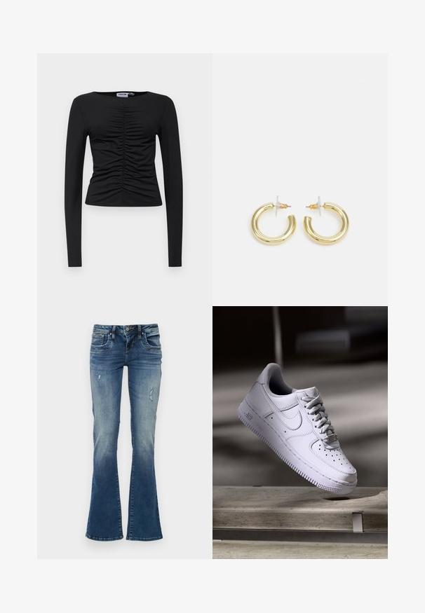 Must have musta pikkade varrukatega topp, mis on valmistatud venivast kangast, esiosa kokku volditud disainiga, ümmarguse kaelusega ja kehaümber oleva lõikega.; Keskmise sinise värvi denimist laienevad teksad, millega kaasnevad pleekinud alad ja kulunud detailid. Omab viit taskut ning lukuga ja nupuga kinnitust.; Valge Nike Air Force 1 toss, mis hõljub betoonpinna kohal, varjud minimalistlikus keskkonnas.; Kuldne rõngassõrmused sileda ja läikiva viimistlusega. Ringikujuline disain, millel on väike post ja selge tagumine külg, et tagada kindel kandmine.