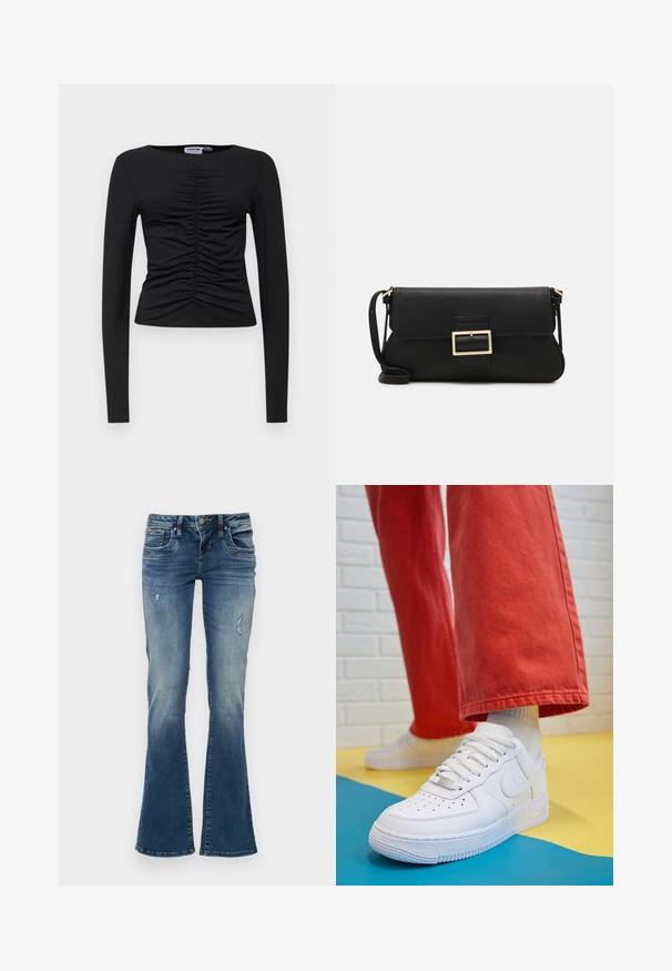 Črn dolgi rokav majica iz raztegljive tkanine, s gubanim dizajnom spredaj, okroglim izrezom in oprijetimi oblikami.; Jeans s flared iz jeansa v srednje modri barvi z zbledelimi predeli in poškodovanimi detajli. Ima pet žepov in zadrgo z gumbom.; Beli usnjeni športni čevlji s perforiranim prstnim delom, teksturiranim podplatom in belimi vezalkami, v kombinaciji s širokimi rdečimi hlačami in modro-rumeno ozadje.; Črna usnjena torbica na preklop z zlato kovinsko zaponko. Vključuje črn trak in eleganten, minimalističen dizajn.