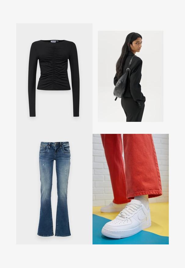 Juodas ilgomis rankovėmis viršus, pagamintas iš tamprių medžiagų, su surinkta dizaino detale priekyje, apvaliu iškirpimu ir prigludusia forma.; Mėlynos šviesiai nusidėvėjusios džinsinės plate žemiau kelių, su švelniai išblukusiomis vietomis ir pažeidimais. Yra penki kišenės, užtrauktukas ir sagos uždarymas.; Baltos odinės kedų sportbačiai su perforuotu pirštu, tekstūruota pado dalimi ir baltais raišteliais, derinami su plačiomis raudonomis kelnėmis ir mėlynos bei geltonos spalvų fono kompozicija.; Moteris su ilgais tamsiais plaukais, vilkinti juodą kostiumą, nešanti juodą odinę rankinę per petį, žvelgia per petį prieš balto fono.