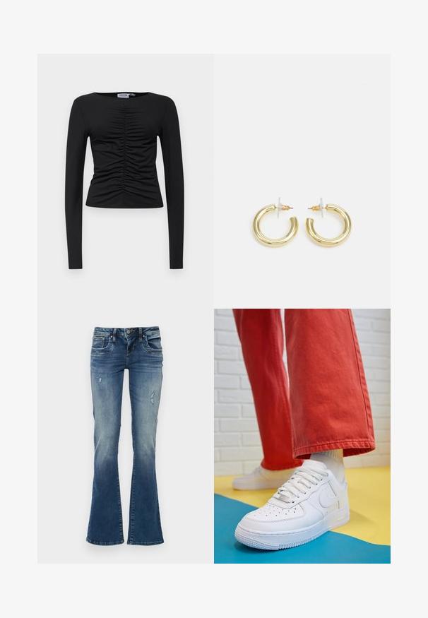 Top preto de manga longa feito de um tecido elástico, com um design franzido na frente, com decote redondo e forma justa.; Jeans de ganga flare em azul médio com áreas desbotadas e detalhes desgastados. Apresenta cinco bolsos e um fecho de correr com botão.; Sapatilha de couro branca com biqueira perfurada, sola texturizada e atacadores brancos, combinada com calças largas vermelhas e um fundo azul e amarelo.; Brincos em argola dourados com um acabamento liso e brilhante. Design circular com um pequeno pino e suporte transparente para um uso seguro.