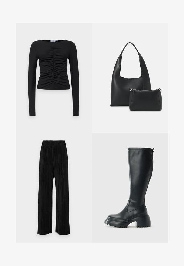 Czarny top z długim rękawem, wykonany z elastycznego materiału, z marszczonym wzorem z przodu, okrągłym dekoltem i dopasowanym krojem.; Czarne spodnie plisowane z elastycznym paskiem w talii. Posiadają szerokie nogawki oraz gładki, teksturowany materiał z pionowymi paskami.; Wysokie czarne skórzane botki z masywną platformą i słupkowym obcasem, z uchwytem i teksturowanym bieżnikiem na podeszwie.; Even&Odd - Torebka