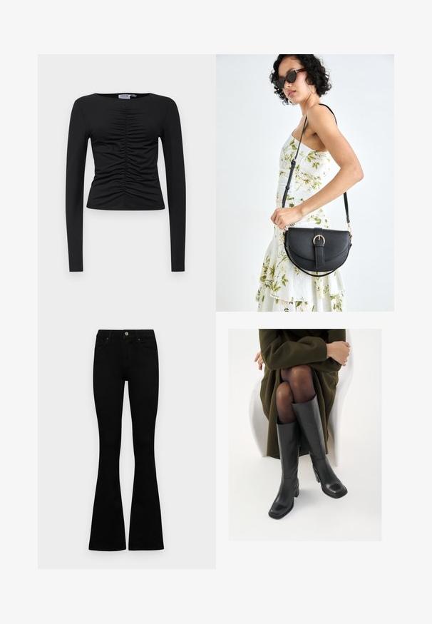 Crna dugo rukava majica od rastezljivog materijala, sa naboranim dizajnom na prednjoj strani, okruglim dekolteom i prilagođenim oblikom.; Crne traperice viskog struka s kopčanjem na gumb i rajfeslusu, prednjim džepovima i širom nogavicama položene su ravno na bijeloj pozadini.; Čizme od crne kože do koljena sa četvrtastim vrhom i blok petom, prikazane s manekenkom koja sjedi u maslinasto zelenom kaputu. Glatka tekstura, minimalni detalji.; Crna kožna torba s lukovitim oblikom, odvojivim remenom i zlatnim detaljima. Torba ima preklop s kopčom.; Zlatne kružne naušnice, četiri komada, glatka završna obrada, zaobljenog dizajna, različitih veličina, s kavljem za lako stavljanje.