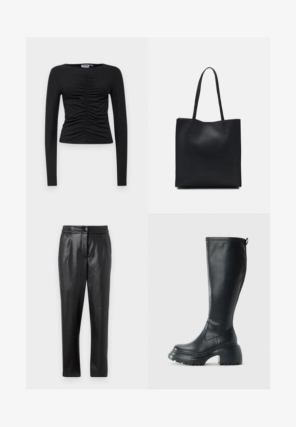 Črn dolgi rokav majica iz raztegljive tkanine, s gubanim dizajnom spredaj, okroglim izrezom in oprijetimi oblikami.; Črne usnjene hlače z gladko teksturo, ravnim krojem, elastičnim pasom in sprednjim gumbom; nagubani detajli in zoženi nogi.; Visoka črna usnjena škornja s debelim podplatnim solejem in blok peto, opremljena s potegom in strukturiranim profilom na podplatu.; Črna usnjena torba s svilnato teksturo, pravokotne oblike in dvema dolgima ročajema. Brez vidnih metalnih delov ali okrasnih elementov.