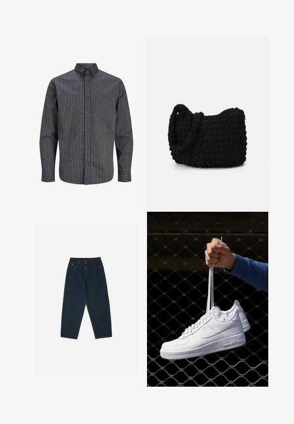 Jack & Jones PREMIUM BLUBROOK OXFORD ciemnoszary; Granatowe spodnie z wysokim stanem o luźnym kroju, z pięcioma kieszeniami i zapięciem na guzik. Wykonane z denimu o gładkiej teksturze.; Białe skórzane sneakersy z perforacjami, okrągłym noskiem, płaską podeszwą i grubymi sznurówkami, z widocznym logo swoosh i napisem „AIR” na pięcie.; Czarna torba z materiału o fakturowanym, pikowanym wzorze. Owalny kształt, krótkie, grube rączki oraz miękka, elastyczna struktura.