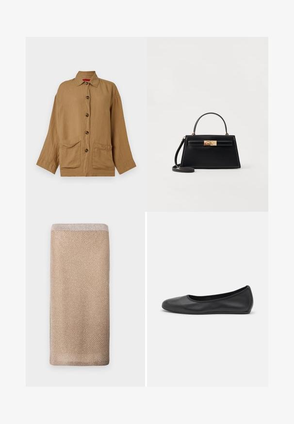 Ruda, mygtukinė marškiniai, pagaminti iš lengvos medžiagos. Yra apykaklė, dvi priekinės kišenės ir ilgomis rankovėmis su rankogaliais.; Smėlinis megztas šalikas su subtiliu blizgesiu, tekstūruotu paviršiumi ir šviesesne apvadu viršutiniame krašte. Stačiakampio formos.; Juodai odiniai baletai su apvaliu pirštu, lygi texture, minimalus siuvimo detales ir lanksčiu padų dizainu.; Juodas odinis rankinukas su struktūrine trapezoidine forma, auksinė hardware užsegimas ir kontrastinga balta siuvinėjimo. Įskaičiuotas trumpas rankenos ir ilgas dirželis.