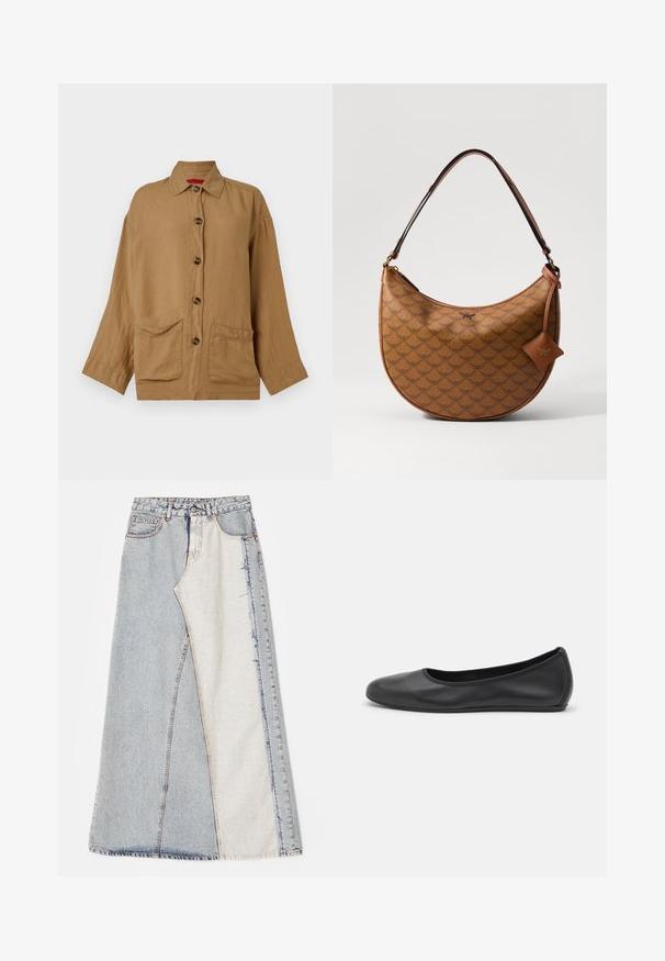 Brun, knappad skjorta i ett lättviktigt tyg. Har en krage, två framfickor och långa ärmar med manschetter.; Jeanskjol med ett lapptäcke-design som har ljus- och mellanblå sektioner, fransade fållar och hög midja. Klassisk femfickstil.; Svart läderballerinaskor med rund tå, slät yta, minimala söm detaljer och en flexibel sula.; Brun mönstrad axelväska med en rund form, läderdetaljer och en liten charm fäst. Har en mjuk yta och justerbar rem.