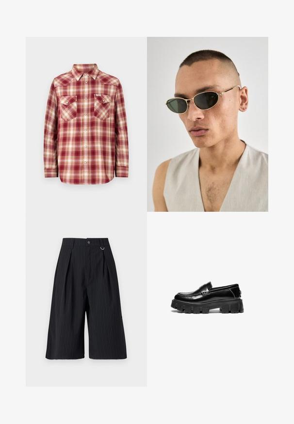 Camisa de franela de cuadros rojos y crema con cuello abotonado, mangas largas y dos bolsillos en el pecho. Presenta botones metálicos y un ajuste casual.; Pantalones cortos negros con rayas y pliegues, cierre de botón y acento de anillo metálico. Tejido suave con un ajuste a medida y diseño hasta la rodilla.; Mocasines de cuero negro con suela de goma gruesa, cinta decorativa en la parte superior y costuras en blanco contrastante. Textura suave con punta redondeada.; Gafas de sol con montura dorada y lentes negros en forma ovalada. Presentan patillas delgadas y un diseño minimalista. La montura tiene un sutil acabado detallado y pulido.