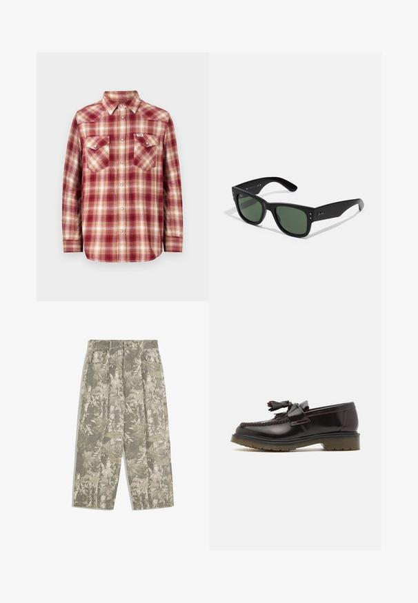 Rood en crème geruite flanellen overhemd met een knopsluiting kraag, lange mouwen en twee borstzakken. Beschikt over metalen knopen en een casual pasvorm.; Cargo broek met wijde benen in een groen en beige camouflagepatroon van bladeren en schors, met voorzakken en riemlussen.; Bruine leren instappers met een geweven ontwerp, een kwastje en een platte rubberen zool. Beschikt over een gladde afwerking en contrasterende stiksels.; Zwarte rechthoekige zonnebril met groene lenzen, matte afwerking, subtiele hardwareaccenten en een gegraveerd logo op de slaap.