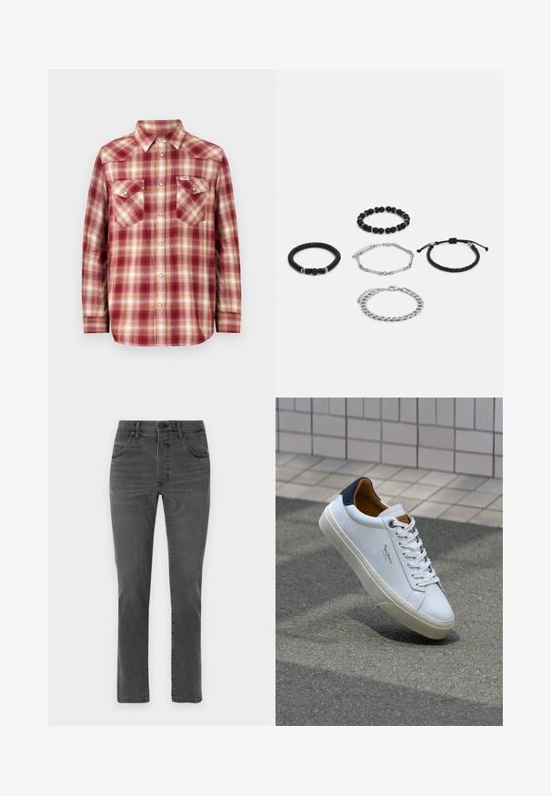 Rdeča in kremna karirana flanelasta srajca z ovratnikom na gumbe, dolgimi rokavi in dvema žepoma na prsih. Ima kovinske gumbe in sproščen kroj.; Sive jeans z ravnim nogavicami, z petimi žepki in sprednjim zadrgo. Imajo rahlo bledenje in kontrastno šivanje.; Beli usnjeni čevelj s plavo peto, okrogelimi prsti in kontrastnimi rjavimi detajli. Ima ravne vezalke in teksturiran gumijast podplat.; Pet narukvice: dve narukvice od crnih perli, jedna teksturirana crna vrpca, jedan srebrni lanac i jedna pletena crna vrpca sa podešavanjima.