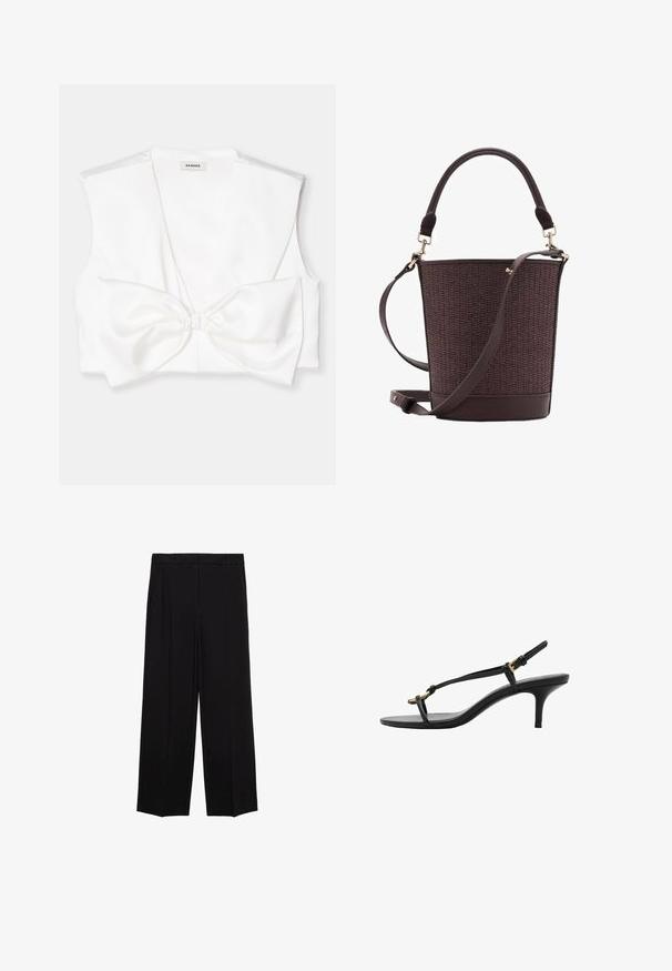Bela skrajšana majica z globokim V-izrezom, širokimi rameni in velikim detajlom v obliki pentlje spredaj. Gladka, satenska tekstura.; Črne široke hlače iz gladkega materiala, z gubami spredaj in stranskimi žepi, zasnovane v ravnem, sproščenem kroju.; Črne usnjene sandale s kitten peto, tankimi trakovi, zlate zaponke in minimalistično zanko za prste na beli podlagi.; Rjava pletena torba v obliki vedra z gladkim usnjenim dnom, zgornjim ročajem in nastavljivim ramenskim pasom. Ponaša se z zlatimi kovinskimi detajli.