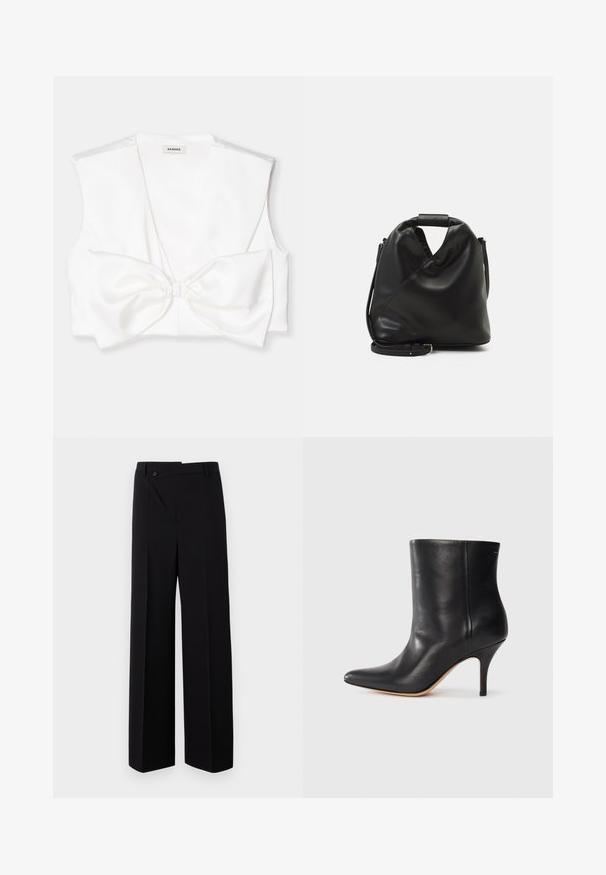 Valge lühikeste varrukatega vest, millel on sügav V-kaelus, laiad õlaõmblused ja suur lipsudetail ees. Sile, satiinilaadne tekstuur.; Mustad laiatsäärised püksid, millel on lame esiosa, nupuga kinnitamine ja sile kangatekstuur. Omab sirget lõiget ja teravaid jooni.; Must musta jalatsid terava ninaga, õhukese stiletto kontsaga ja siledast nahast. Minimalistlik disain ilma nähtava riistvarata või aksessuaarideta.; Must ja pehme nahast kott, millel on unikaalne keerdkujuline disain. Omab lühikest kätset ja eemaldatavat õlarihma. Minimalistlik stiil.; Must ja pehme nahast kott, millel on unikaalne keerdkujuline disain. Omab lühikest kätset ja eemaldatavat õlarihma. Minimalistlik stiil.