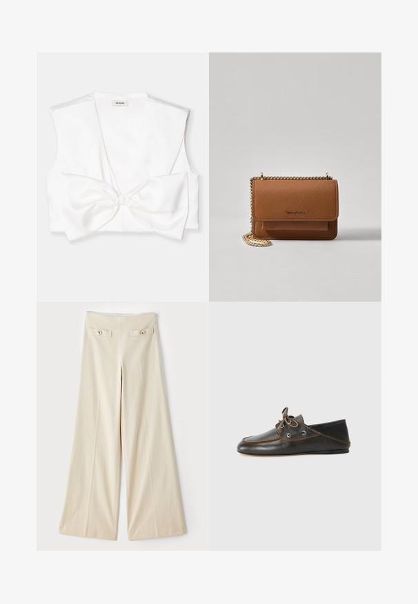 Balta trumpa liemenė su giliu V formos iškirpimu, plačiomis pečių sritimis ir dideliu kaspinų akcentu priekyje. Lygus, satino tipo tekstūra.; Kreminės pločio kojos kelnės su aukštu juosmeniu, turinčios dvi dekoratyvines priekines kišenes ir auksinės spalvos mygtukus kiekvienoje pusėje. Lygios audinio tekstūros.; Juodas odinių valtinių batų modelis su rudomis siūlėmis, raištelių užsegimas ir metalinės akys. Lygus padas su apvaliu pirštų galiuku ir glotniai nupoliruota danga.; Ruda tekstūruota odinė per petį nešama rankinė su auksiniu grandininiu dirželiu ir užlenkiamo užsegimo. Priekinėje pusėje yra logotipo detalė ir kišenė po užlenkimu.