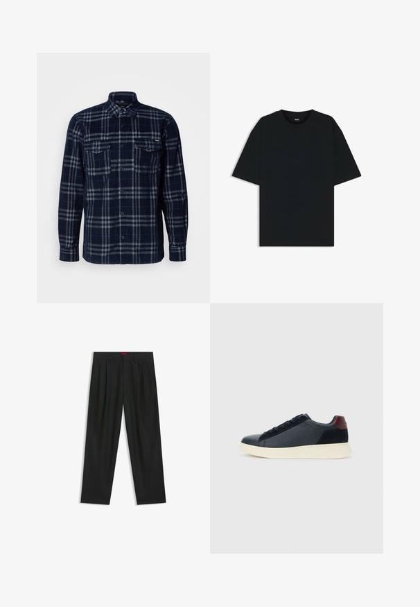 Camicia azzurra navy con pattern a quadri grigi, due tasche sul petto con patte a bottone e colletto pieghevole.; Maglietta in cotone nera con scollatura rotonda e maniche corte. Presenta una vestibilità ampia e un design semplice senza motivi o dettagli.; Pantaloni neri con un design plissè, forma a gamba larga e texture liscia. Presentano un'etichetta rossa in vita.; Sneaker da uomo a basso profilo in pelle nera e suede con linguetta sul tallone color bordeaux e suola in gomma bianca, vista dal lato esterno.