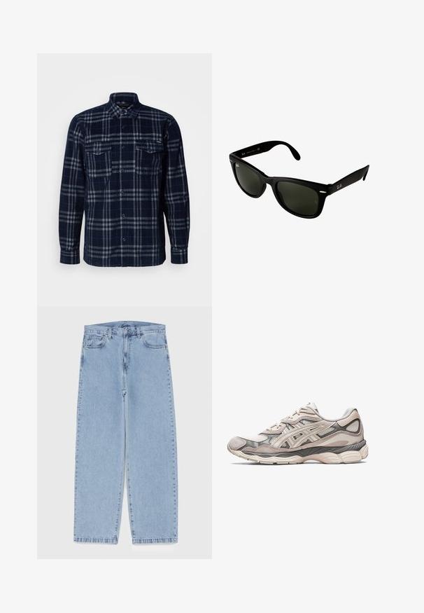 Tumedast sinine nööpidega särk, halli ruudulise mustriga, kahe rinna taskuga nupuga klappidega ja voltitud kraega.; Heled sinise denimi sirgete põlvede lõikega teksad, millel on keskmise kõrgusega vöökoht, viis taskut ning nööbid ja tõmblukk.; Heled hallikas spordijalats, millel on võrgust ja seemisnahast верх. Omab pehmet talla, väljendunud kihtide ja struktuurset disaini.; Mustad must plastikust päikeseprillid tumeroheliste läätsedega. Ruudukujuline raam koos hõbedaste aksessuaaridega ja reljeefne logo kõrvaplokkidel.; Hõbedane metalne randmekell ruudukujulise korpusega, valge puutähega, rooma numbritega ja hõbedaste kettidega rihmaga. Omab veekindlat disaini.