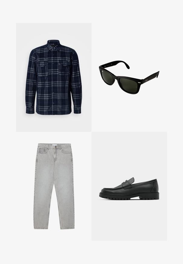 Chemise bleu marine à boutons avec un motif en plaid gris, deux poches poitrine avec rabats à boutons et un col plié.; Pantalon en denim gris clair avec une coupe droite, cinq poches et une fermeture à bouton. Coutures visibles le long des coutures.; Mocassins en cuir noir à bout arrondi, avec un design cousu, une semelle plateforme basse et une semelle en caoutchouc texturée et crantée.; Lunettes de soleil en plastique noir avec des verres vert foncé. La monture carrée présente des accents argentés et un logo en relief sur la branche.