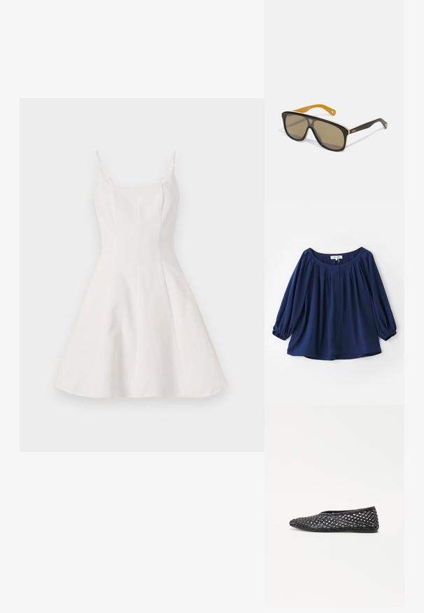 Námořnická modrá blůza vyrobená z měkké látky, s širokým výstřihem, zapínáním na knoflíky, na přední straně s pravidelným nařasením a elastickými manžetami s dlouhými rukávy.; Bílé šaty ve tvaru A s tenkými ramínky, s přiléhavým živůtkem a rozšířenou sukní. Vyrobené z hladké látky s čistým, minimalistickým designem.; Černé tkané nazouvací boty s mřížkovým designem, plochou podrážkou a hladkým gumovým materiálem, které poskytují prodyšnost a flexibilitu.; Černé oversized sluneční brýle s hnědými skly, na rámečku s bílým akcentem a kontrastními žlutými konci stranic. Přítomno logo značky.