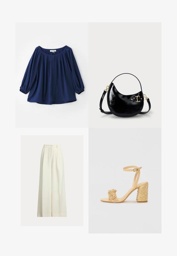 Navyblauwe blouse van zachte stof, met een wijde halslijn, knoopsluiting, plooien aan de voorkant en elastische manchetten met lange mouwen.; Crèmekleurige broek met wijde pijpen gemaakt van gladde stof, met een hoge taille, twee plooien aan de voorkant en een enkele knoopsluiting.; Beige hoge hak sandaal met een gevlochten textuur, voorzien van een decoratieve bloem en enkelbandje. Vierkante hak zorgt voor stabiliteit.; Zwarte gepatineerde leren handtas met een gebogen vorm, verstelbare schouderband en gouden hardwaredetails aan de zijkant. Gladde, glanzende textuur.