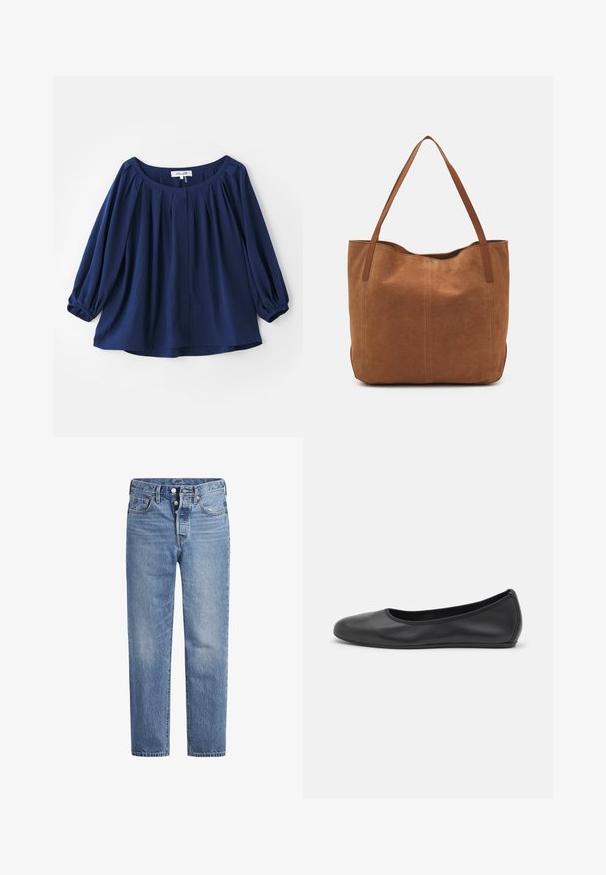 Blusa blu navy realizzata in tessuto morbido, con scollatura ampia, chiusura con bottoni, pieghe davanti e polsini elasticizzati con maniche lunghe.; Jeans in denim blu chiaro con taglio dritto, design a cinque tasche e chiusura con bottone. Presentano una leggera sbiaditura e dettagli in cucitura arancione.; Pantofole da balletto nere in pelle con punta arrotondata, texture liscia, dettagli di cucitura minimi e design con suola flessibile.; Borsa a spalla in suede marrone con due manici lunghi, caratterizzata da una texture liscia, design semplice e senza hardware o dettagli visibili.