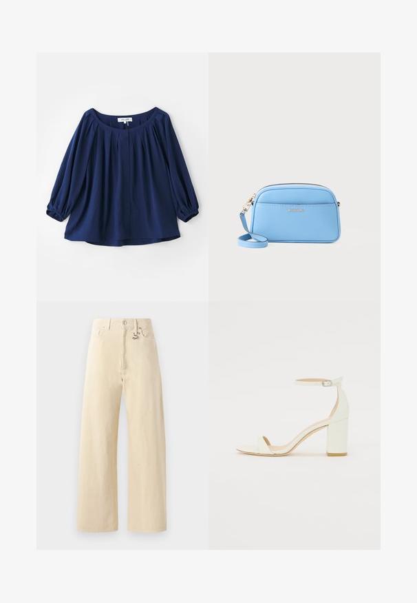 Blusa de color azul marino hecha de una tela suave, con un escote amplio, cierre de botones, pliegues en la parte frontal y puños elásticos con mangas largas.; Jeans de pierna ancha en color beige, elaborados en algodón, que cuentan con un detalle de gancho de metal, cinco bolsillos y un acabado suave con ligera textura.; Sandalía de tacón bloque blanca de piel, con una correa en el tobillo que presenta una hebilla y un diseño minimalista. Punta abierta y texturas suaves en toda la superficie.; Bolso cruzado de cuero azul claro con herrajes en tono dorado, cierre de cremallera y un bolsillo frontal. cuenta con una correa ajustable para mayor comodidad.