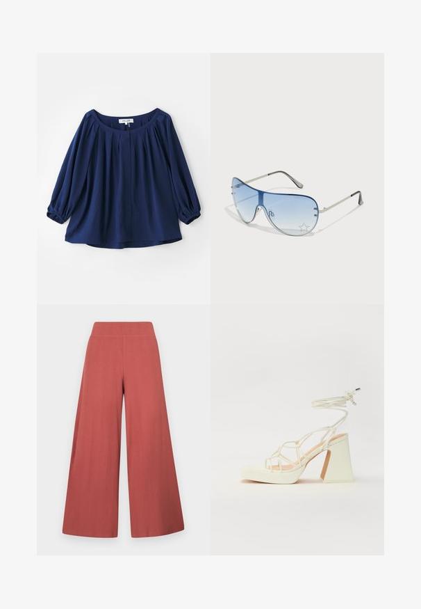 Marineblå bluse lavet af blødt stof, med en bred halsudskæring, knaplukning, plisseringer foran og elastiske manchetter med lange ærmer.; Bukser med vide ben i en rustfarve, lavet af tekstureret stof med vertikale ribber. Har en høj, elastisk talje.; Hvide højhælede sandaler med en kraftig hæl, der har et stropdesign og ankelbinding. Glat tekstur med en platform foran for ekstra højde.; Aviator-solbriller med gradient blå linser, sølvmetalramme og dekorative stjerneakcenter på linserne. Glat og strømlinet design.