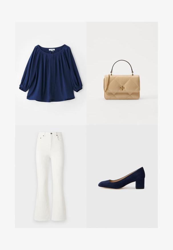 Navy blue blouse made of soft fabric, featuring a wide neckline, button closure, pleats at the front, and elasticized cuffs with full sleeves.; White flared jeans made of denim. High-waisted design with front pockets and a button closure. Smooth texture and minimal stitching details.; Navy blue suede pump with a pointed toe and a mid-height block heel. Smooth texture with a subtle sheen and a small cutout at the front.; Quilted beige leather handbag with gold hardware, chain strap, and a top handle. Features a front flap and signature logo detail.