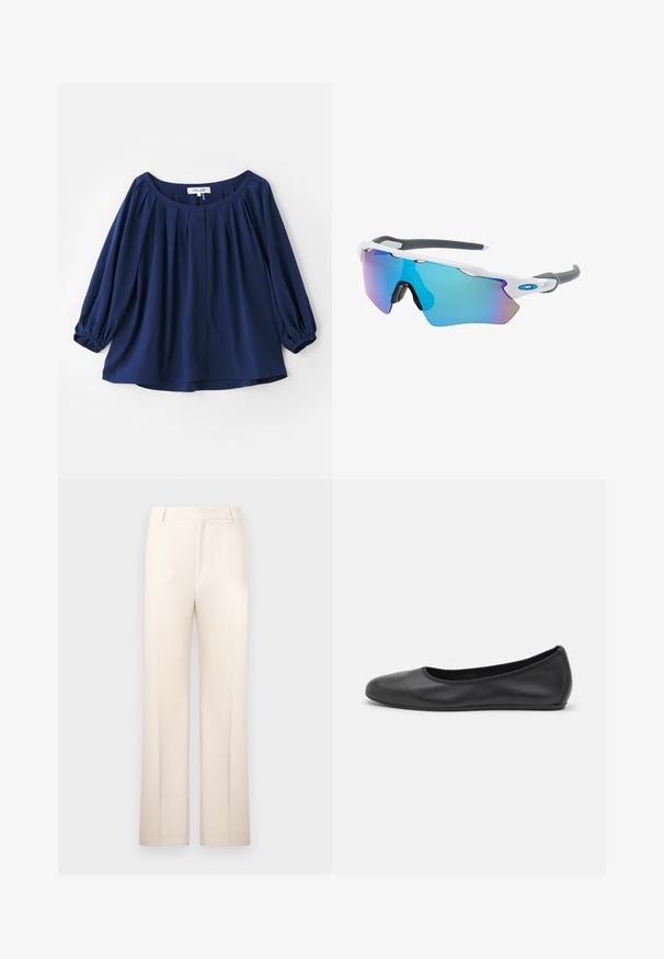 Tumši zilas krāsas blūze, kas izgatavota no mīkstas auduma, ar plašu kakla izgriezumu, pogu aizdari, priekšpusē ar krokām un elastīgām piedurknēm ar pilniem piedurknēm.; Beige izstrādāti bikses ar taisnu kāju dizainu, izgatavotas no viegla auduma. Iekļauj priekšējos plecus un klasisku jostasvietu.; Melna ādas baleta kurpe ar noapaļotu purngalu, gludu tekstūru, minimālu šuvju detalizāciju un elastīgu zoles dizainu.; Saulesbrilles ar baltu rāmi, pelēkiem akcentiem un ziliem spoguļobjektīviem. Sportisks dizains, apņemjoša forma un regulējami deguna spilventiņi.