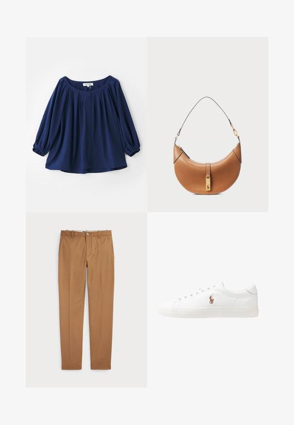 Blusa azul marinho feita de tecido macio, com decote amplo, fecho de botão, pregas na frente e punhos elásticos com mangas compridas.; Calças de algodão castanhas com um design slim-fit, frente lisa e bolsos standard; textura suave e bainhas com acabamento.; Sapatilhas de couro brancas, design de cano baixo, com textura suave, biqueira redonda, atacadores à frente e um pequeno logótipo bordado na lateral.; Bolsa de couro castanho-claro com um formato curvado, detalhes em ouro e uma alça de ombro fina. Apresenta um fecho de zipper e um detalhe de logótipo na parte frontal.