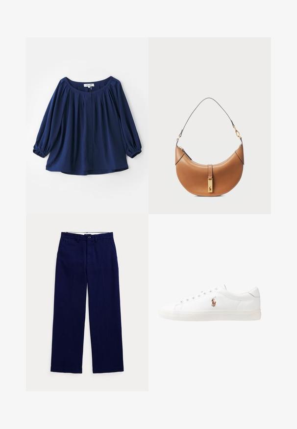Tamno plava bluza od mekane tkanine, s širokim dekolteom, zatvaranjem na dugmad, plisama sprijeda i elastičnim manžetama s dugim rukavima.; Tamnoplave hlače ravnog kroja s petljama za remen, kopčanjem na dugme i bočnim džepovima na jednobojnoj svijetloj pozadini.; Bijele kožne tenisice, niskog kroja, s glatkom teksturom, okruglim vrhom, vezanjem sprijeda i malim izvezenim logom sa strane.; Tamnasti kožni ručni torba sa zakrivljenim oblikom, zlatnim hardverom i tankim remenom za rame. Sadrži zatvaranje na patentni zatvarač i detalj s logotipom na prednjoj strani.