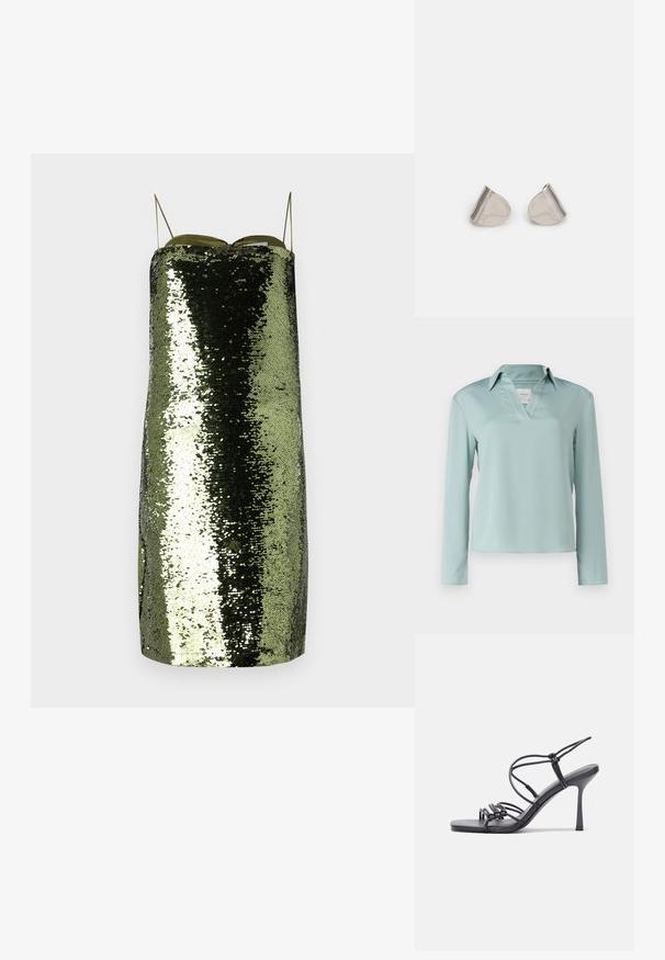 Calvin Klein Bluse - abyss; Grünes Paillettenkleid mit geradem Schnitt, dünnen verstellbaren Trägern, einem reflektierenden Material und einer schlanken Silhouette.; Schwarze, hochhackige Sandalen mit dünnen Riemen und einem geknoteten Design, einer glatten, rechteckigen Zehenpartie und einem eleganten Stiletto-Absatz.; Silberne Metalohrringe mit einer glatten, tröpfchenförmigen Form und einer polierten Oberfläche. Subtile Gravuren fügen Details hinzu. Minimalistisches Design.