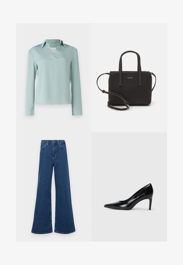 Calvin Klein Bluse - abyss; Blå denim flared jeans med høj talje, der har fem lommer, lukning med knap og kontrastsyninger på sømmene.; Sort læder højhælede sko med spids tå, glat tekstur og en taperet hæl. Minimalistisk design uden yderligere udsmykninger.; Sort håndtaske med to korte håndtag og en aftagelig skulderrem. Glat læderagtigt materiale med lynlåslukning og logo detaljer.