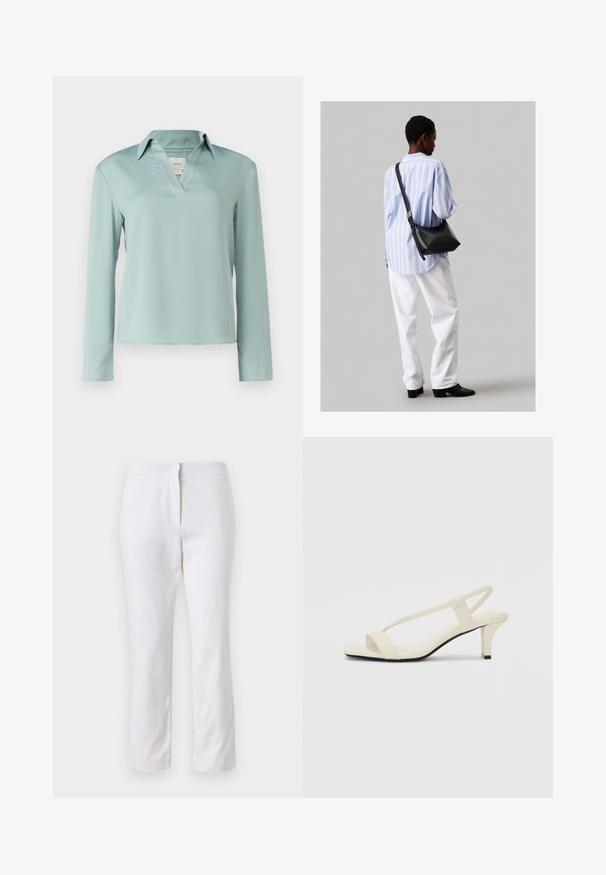 Calvin Klein Palaidinė - abyss; Balti medvilniniai kelnių su tiesiu kojų dizainu, turintys vidutinį liemenį ir be matomų detalių ar raštų. Lygi tekstūra visame paviršiuje.; Kreminės blokų kulno šlepetės su plonomis dirželiais ir kvadratiniu pirštu. Lygus medžiaga su minimaliais akcentais, sukurtos lengvam dėvėjimui.; Juodas odinis petinis krepšys su minkšta tekstūra, trikampiu pavidalu ir reguliuojama juosta, derinamas su šviesiai mėlynu dryžuotu marškinėliu ir baltais džinsais.